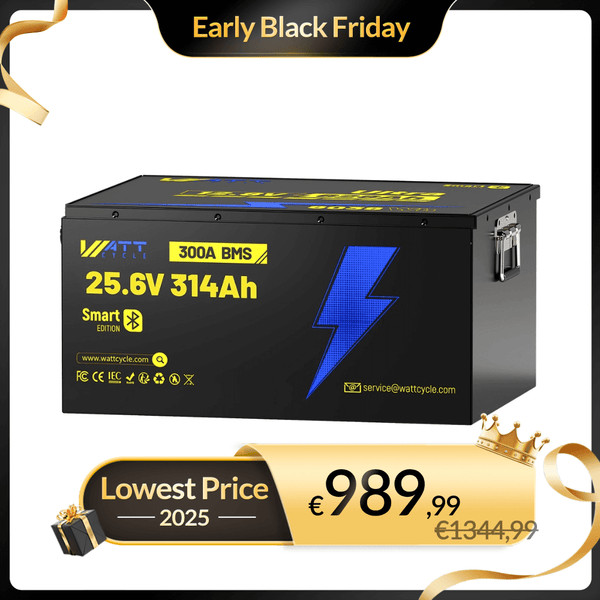 WattCycle LiFePO4 24V 314Ah Ultra Lithium Batterie mit 300A BMS & Bluetooth Überwachung im Black Friday Vorverkaufsangebot
