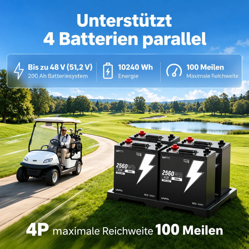 WattCycle LiFePO4 48V 50Ah 2,56 kWh Batteriespeicher für Golfcarts – bis zu 4 Batterien parallel für 10,24 kWh Gesamtkapazität und größere Reichweite