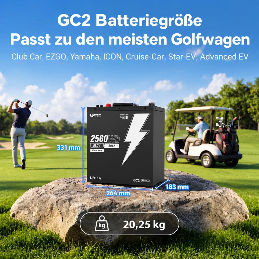 WattCycle LiFePO4 48V 50Ah 2,56 kWh Batteriespeicher im GC2-Format für Golfwagen – Maße 264 × 183 × 331 mm, Gewicht 20,25 kg, passend für viele Golfcart-Modelle