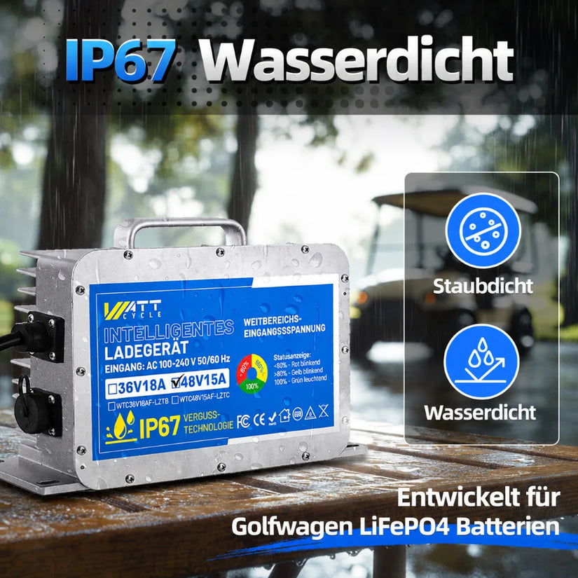 WattCycle LiFePO4 Batterieladegerät 48V 15A mit IP67 Schutz gegen Staub und Wasser